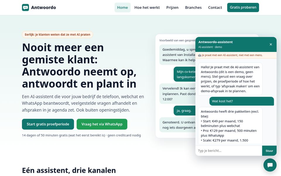 Screenshot van de homepage van Antwoordo.nl met de geopende AI-chatwidget