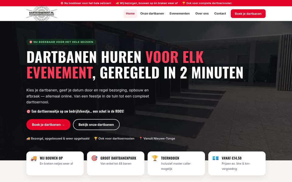 Screenshot van de homepage van DartEvenement.nl: dartbanen huren voor elk evenement