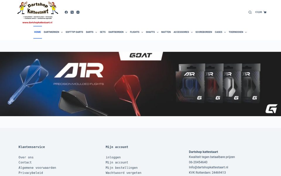 Screenshot van de homepage van webshop Dartshop Kattestaart