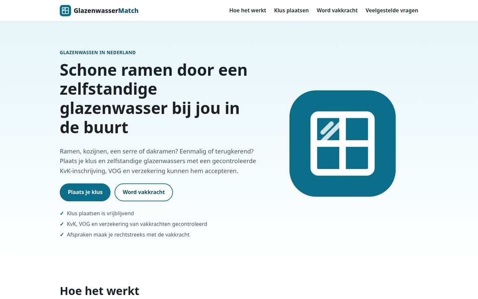 Screenshot van het concept GlazenwasserMatch: platform voor glazenwasklussen