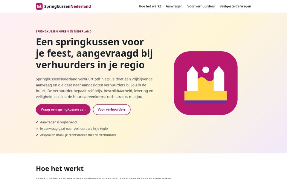 Screenshot van het concept SpringkussenNederland: aanvraagplatform voor springkussenverhuur